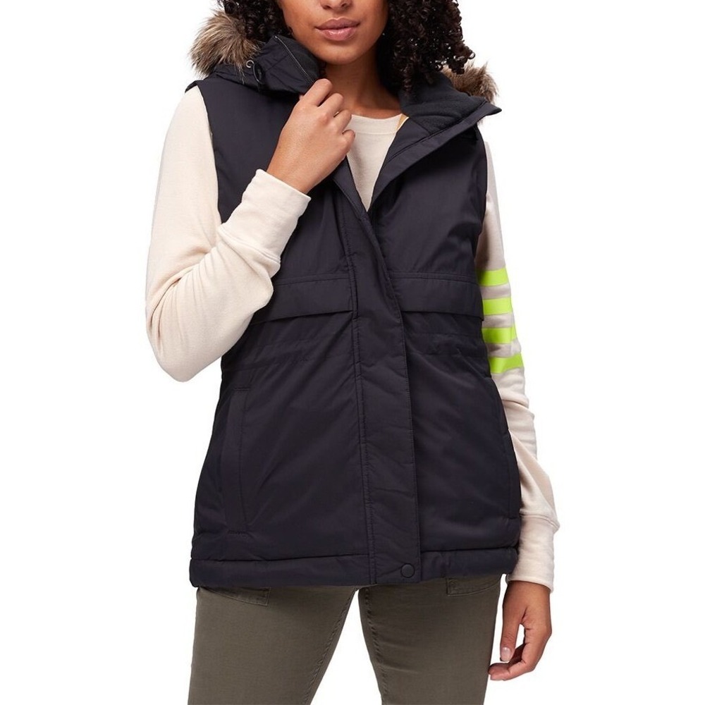 Prana Banajaara Hooded Down Puffer Vest Removable Faux Fur Black Womens Small